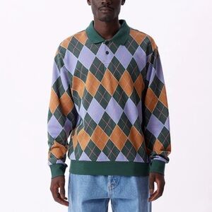 OBEY Argyle Jacquard Polo Long Sleeve Green Blue Dark Cedar Multi Size Small